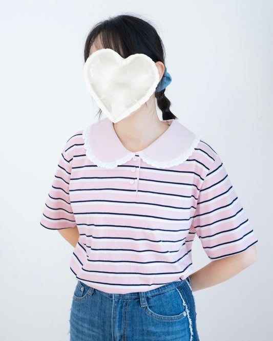 韓國條子翻領花邊Top