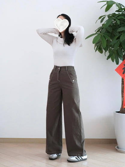 Moci 口袋鈕扣闊腳扯布褲