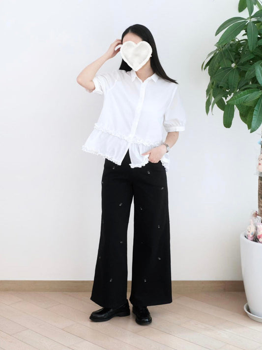 Moci 心心刺繡闊筒扯布褲