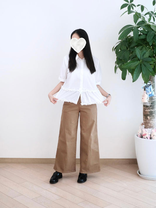 Moci 心心刺繡闊筒扯布褲