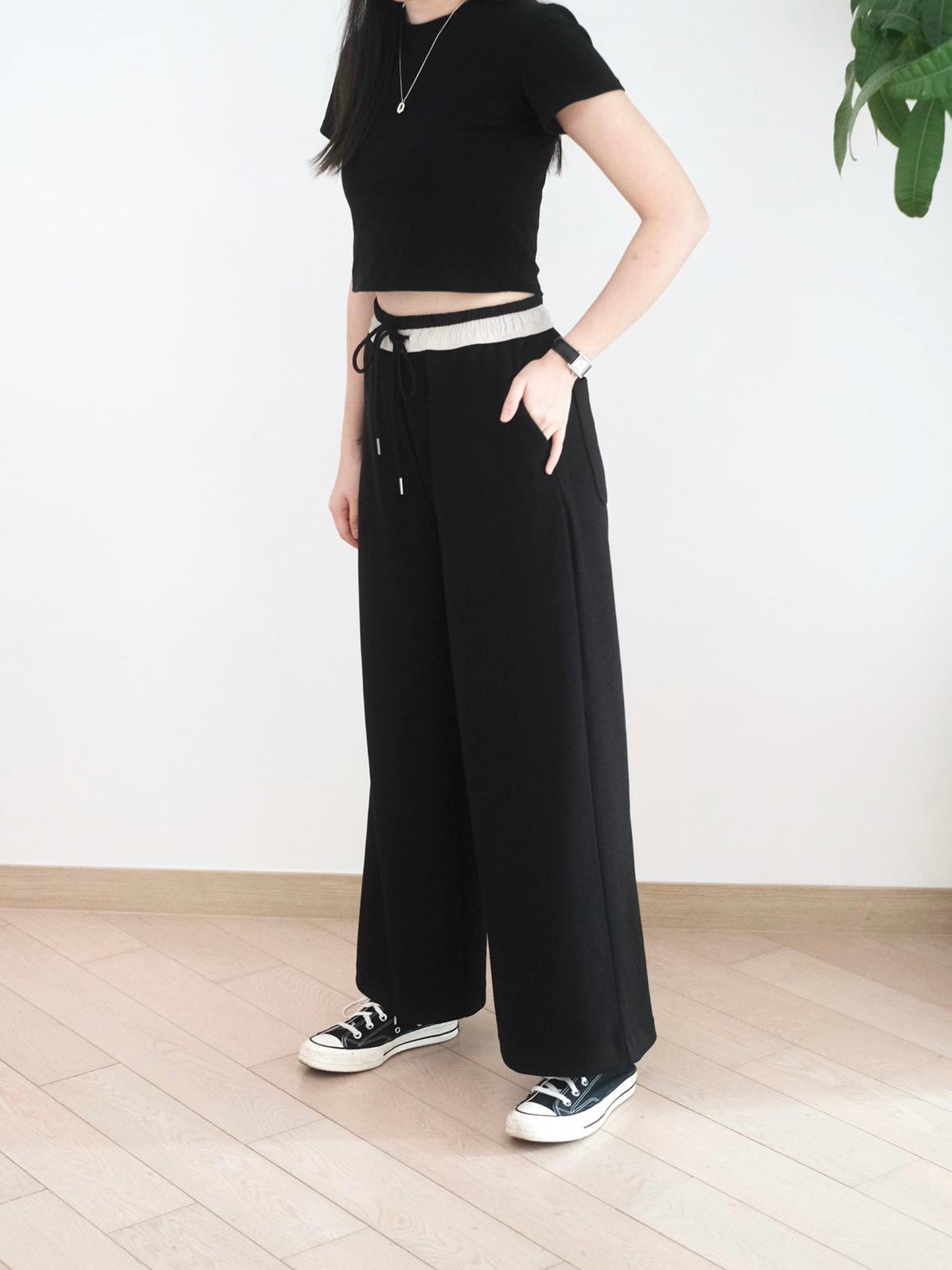 Moci 拼邊闊腳休閑褲