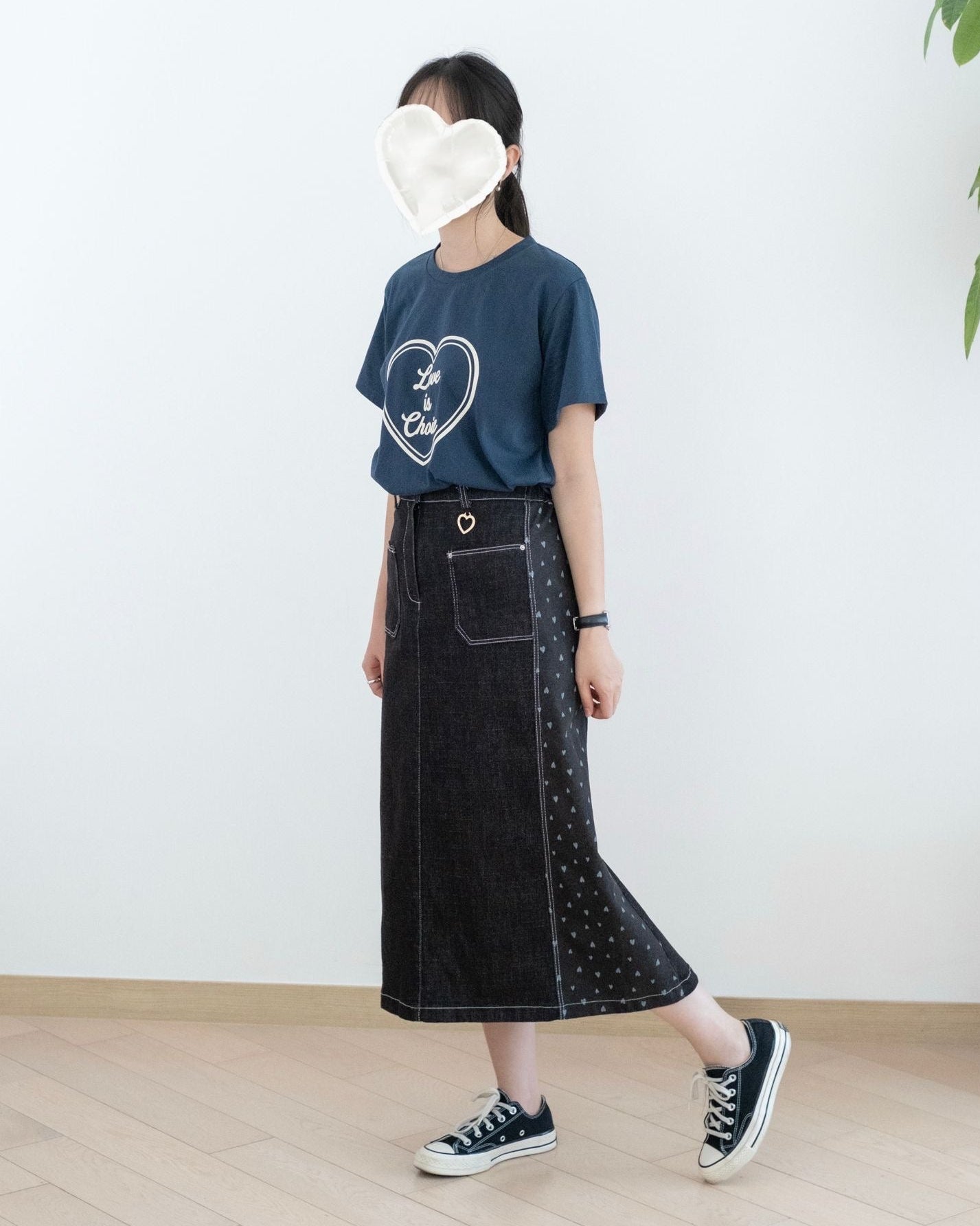 Moci 心心pattern牛仔中長裙