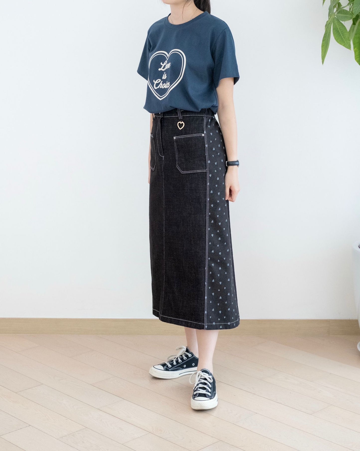 Moci 心心pattern牛仔中長裙