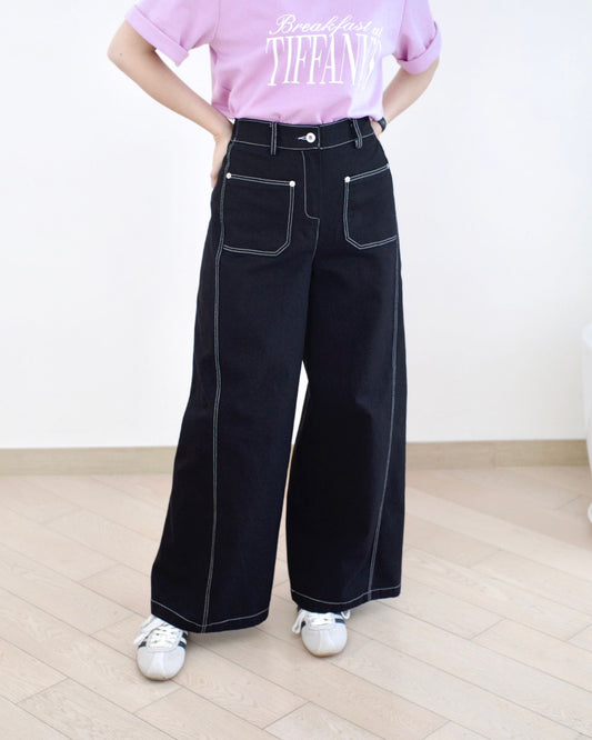 Moci 明線口袋闊筒扯布褲