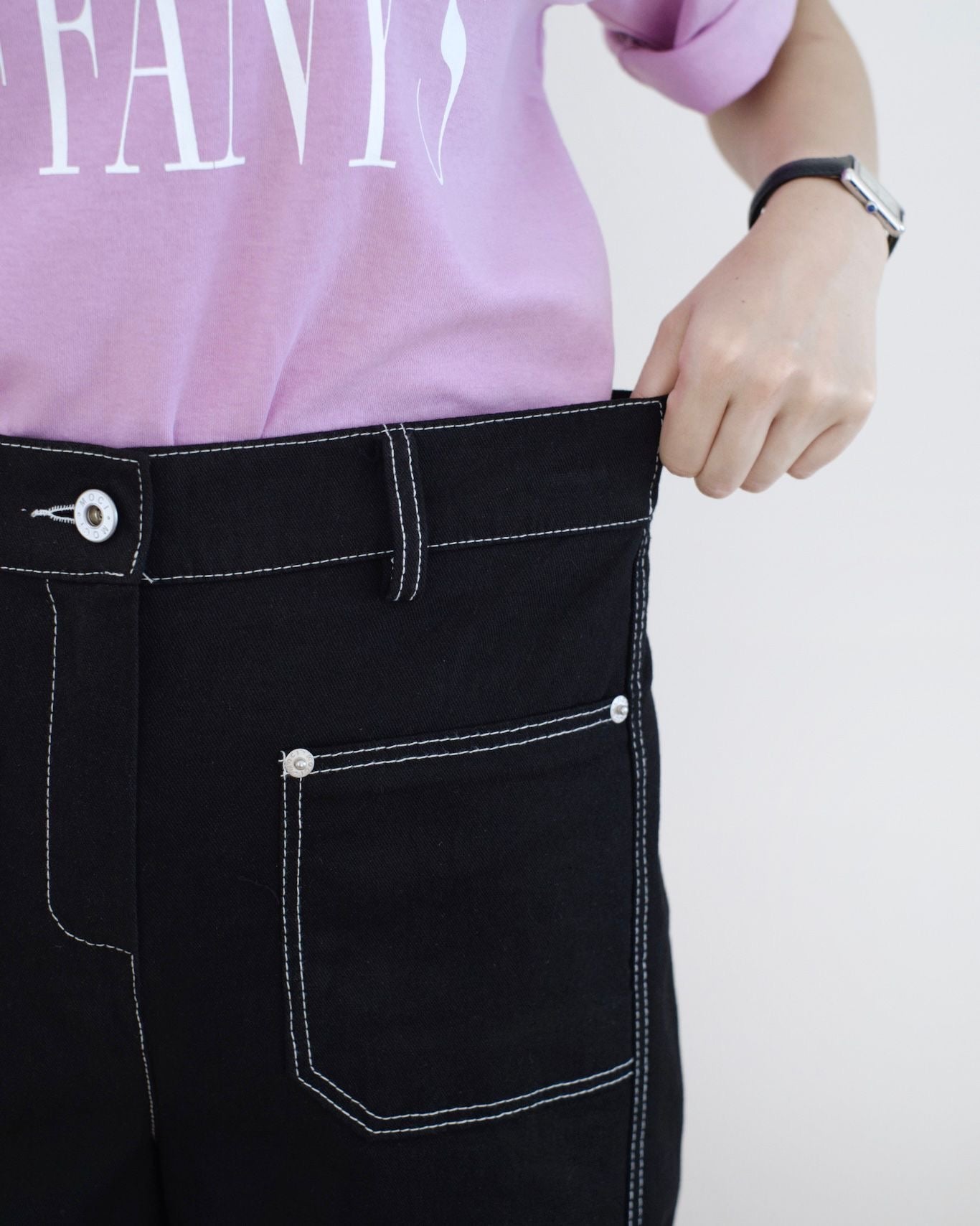 Moci 明線口袋闊筒扯布褲