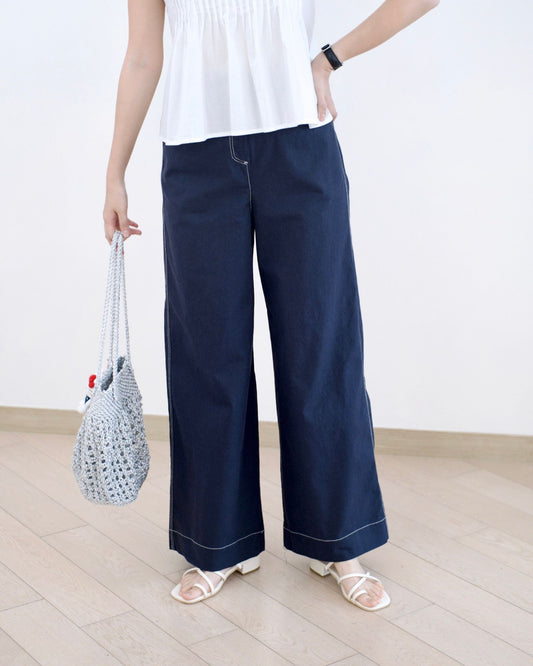 Moci 後口袋明線闊筒扯布褲