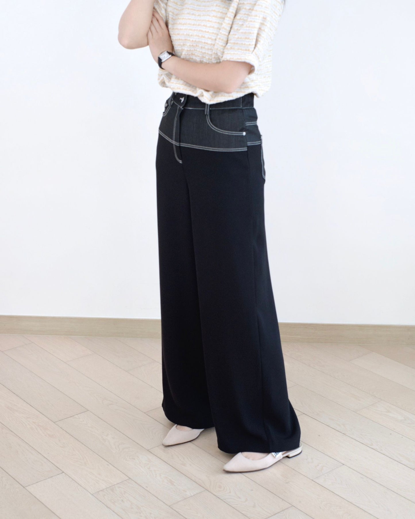 Moci 明線併布闊筒休閑褲