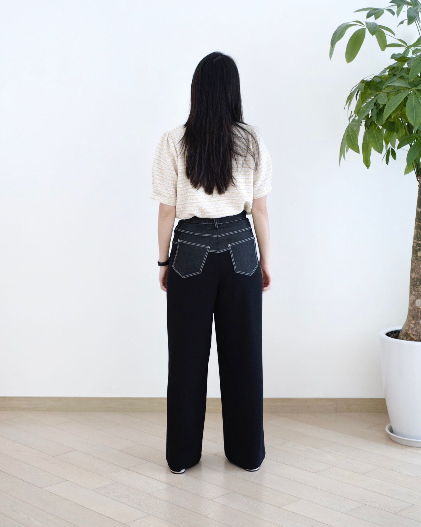 Moci 明線併布闊筒休閑褲