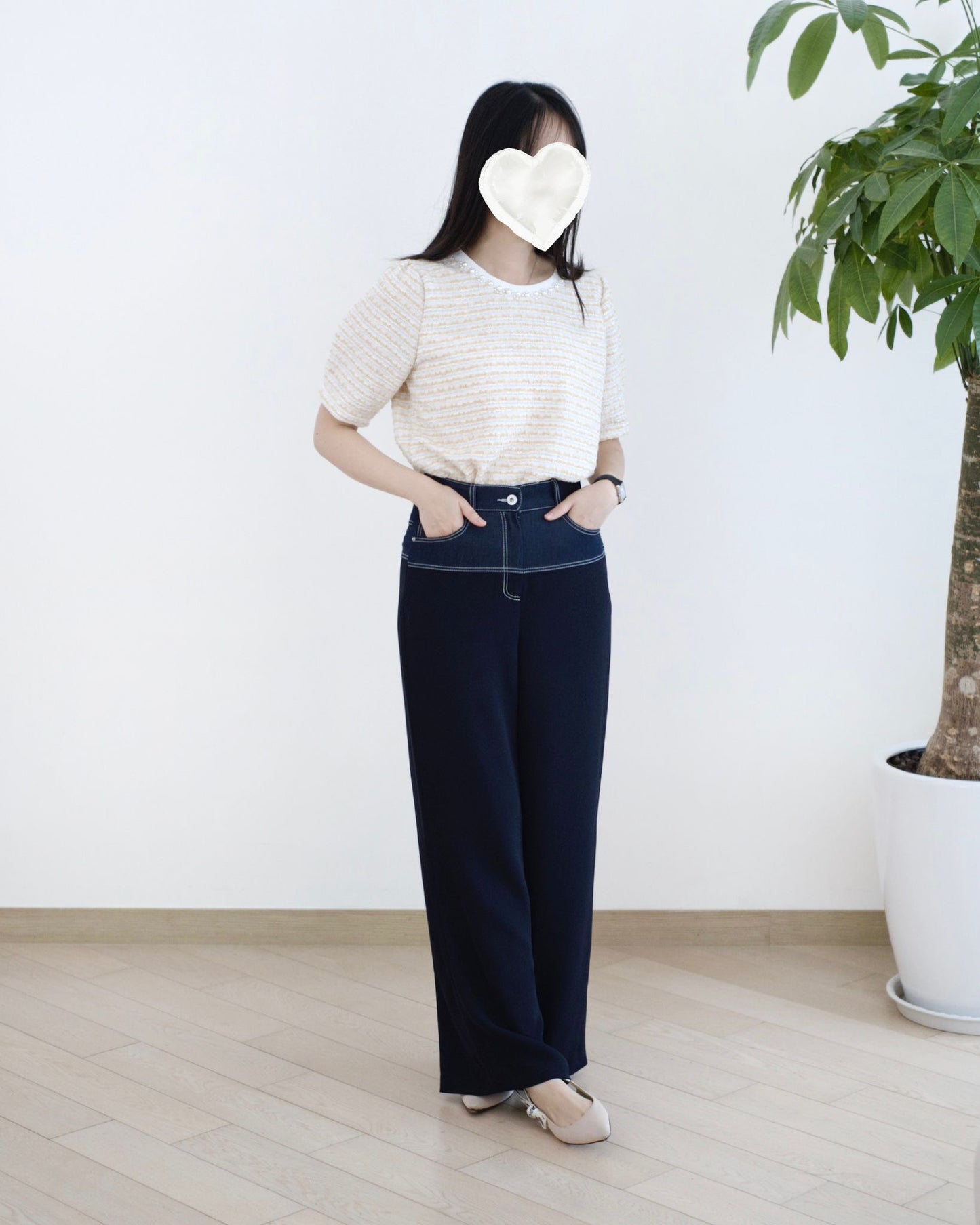 Moci 明線併布闊筒休閑褲