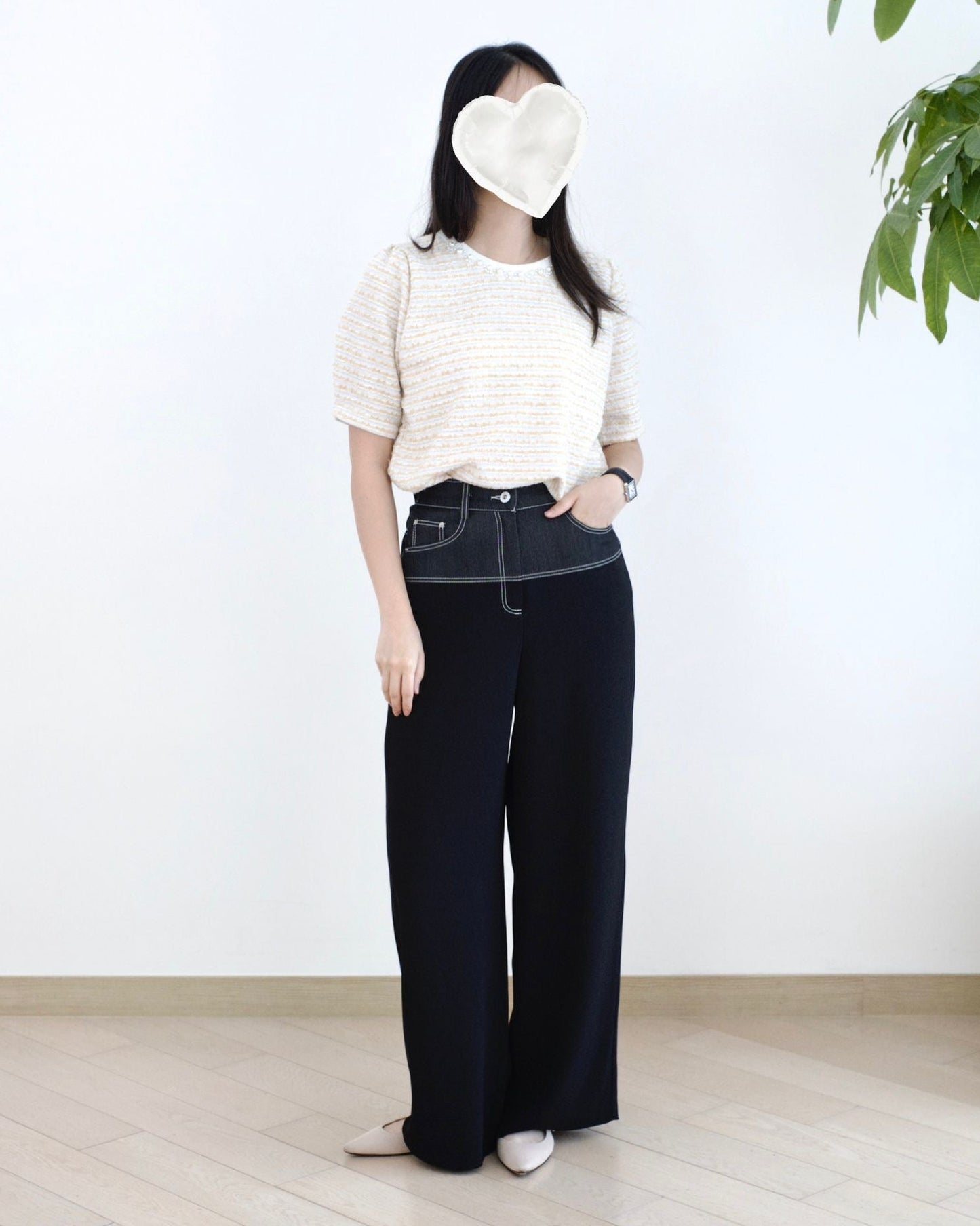 Moci 明線併布闊筒休閑褲