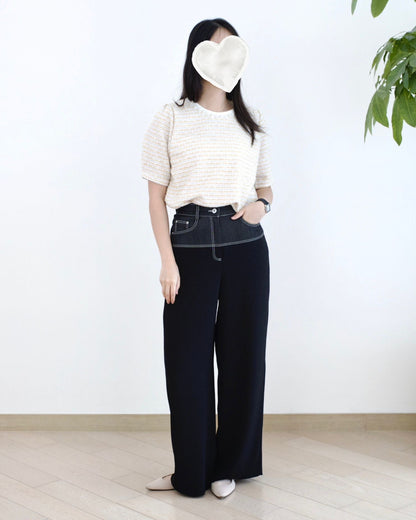 Moci 明線併布闊筒休閑褲