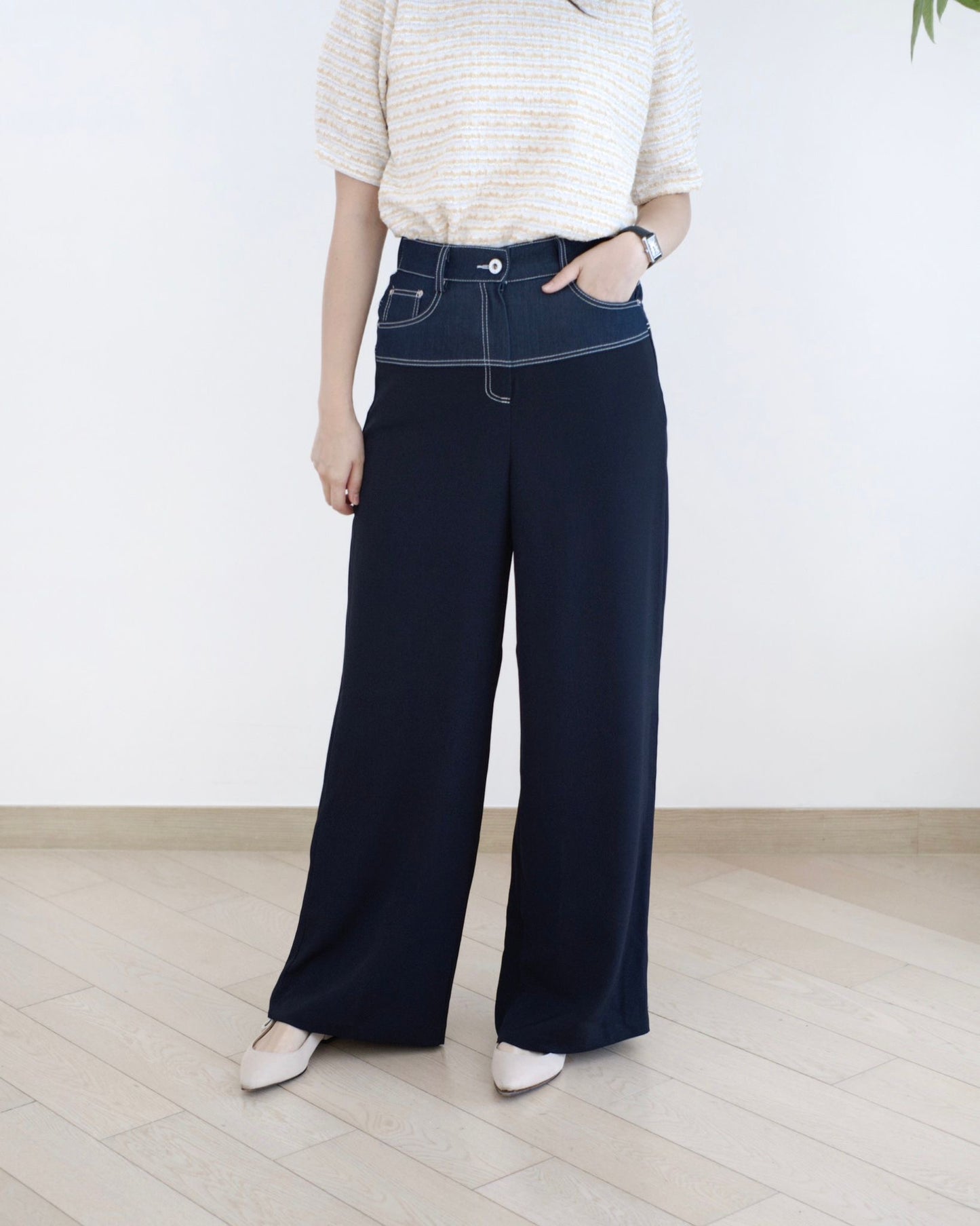 Moci 明線併布闊筒休閑褲