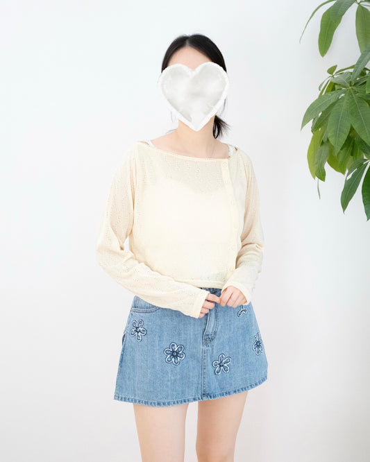 Moci 刺繡花花牛仔短裙褲