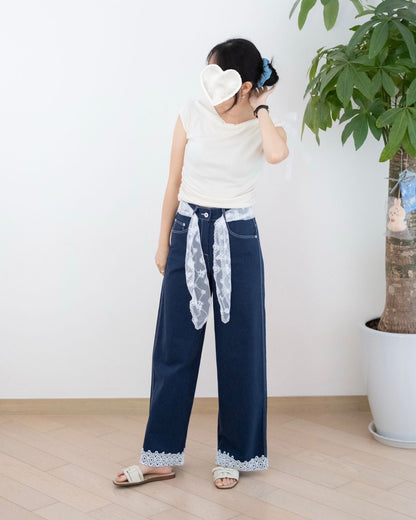 Moci 高腰撞褲腳Lace闊褲