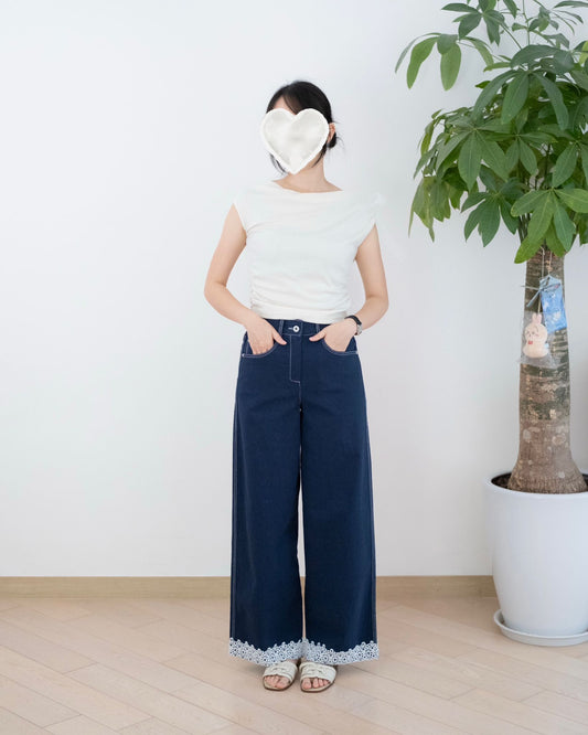 Moci 高腰撞褲腳Lace闊褲