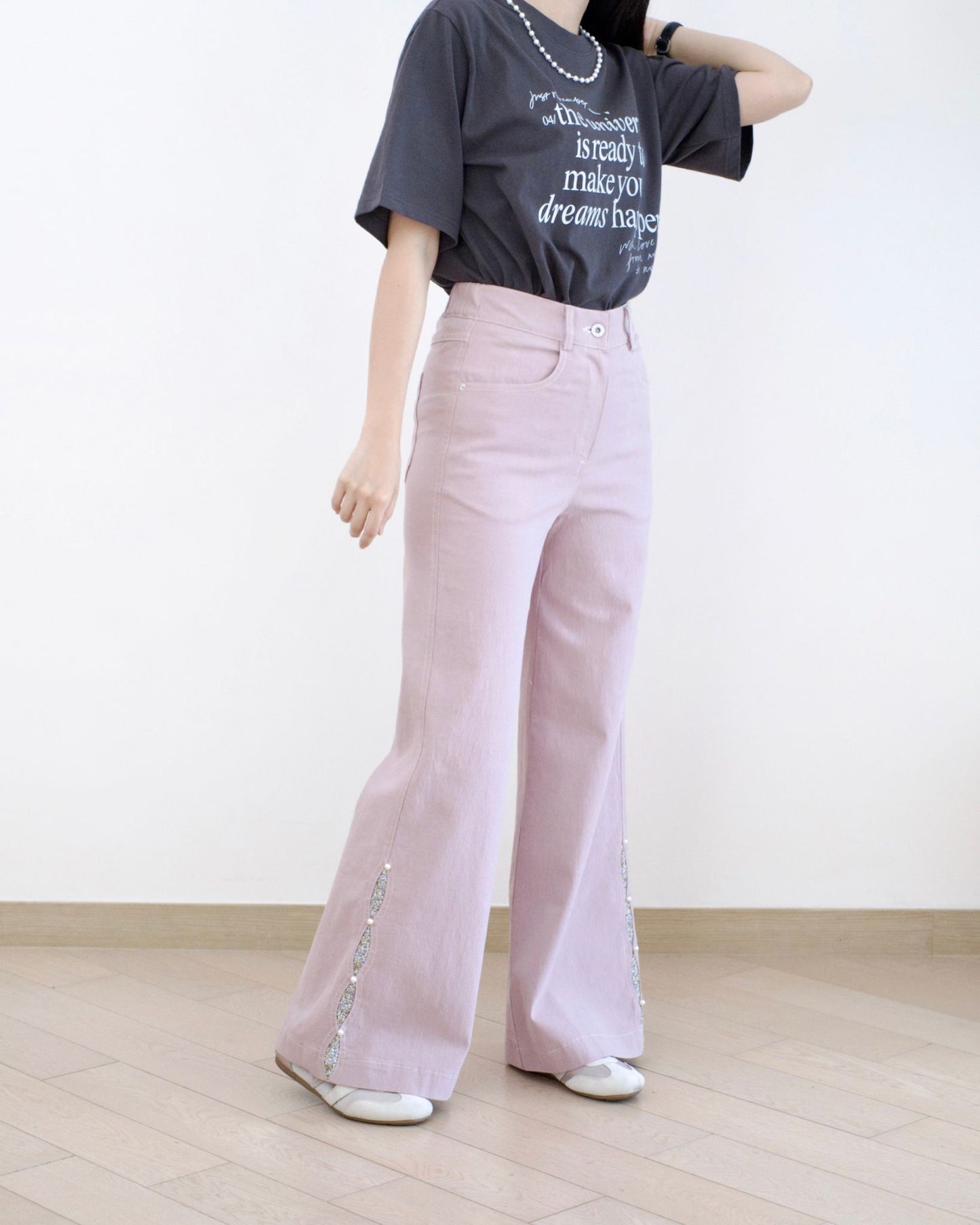 Moci 花布併珍珠闊腳扯布褲