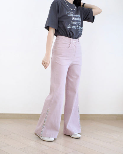 Moci 花布併珍珠闊腳扯布褲
