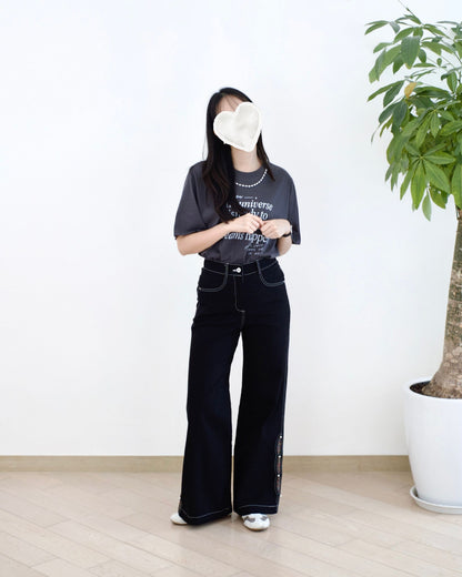 Moci 花布併珍珠闊腳扯布褲