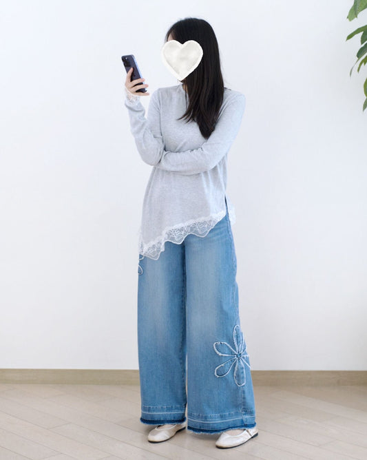 Moci 花花刺繡牛仔褲︎