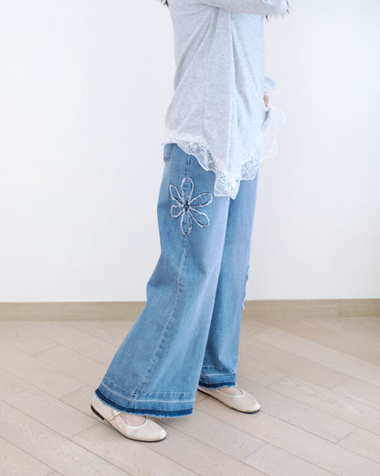 Moci 花花刺繡牛仔褲︎
