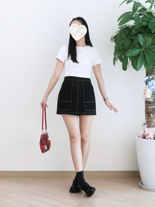 Moci 大口袋高腰牛仔短褲