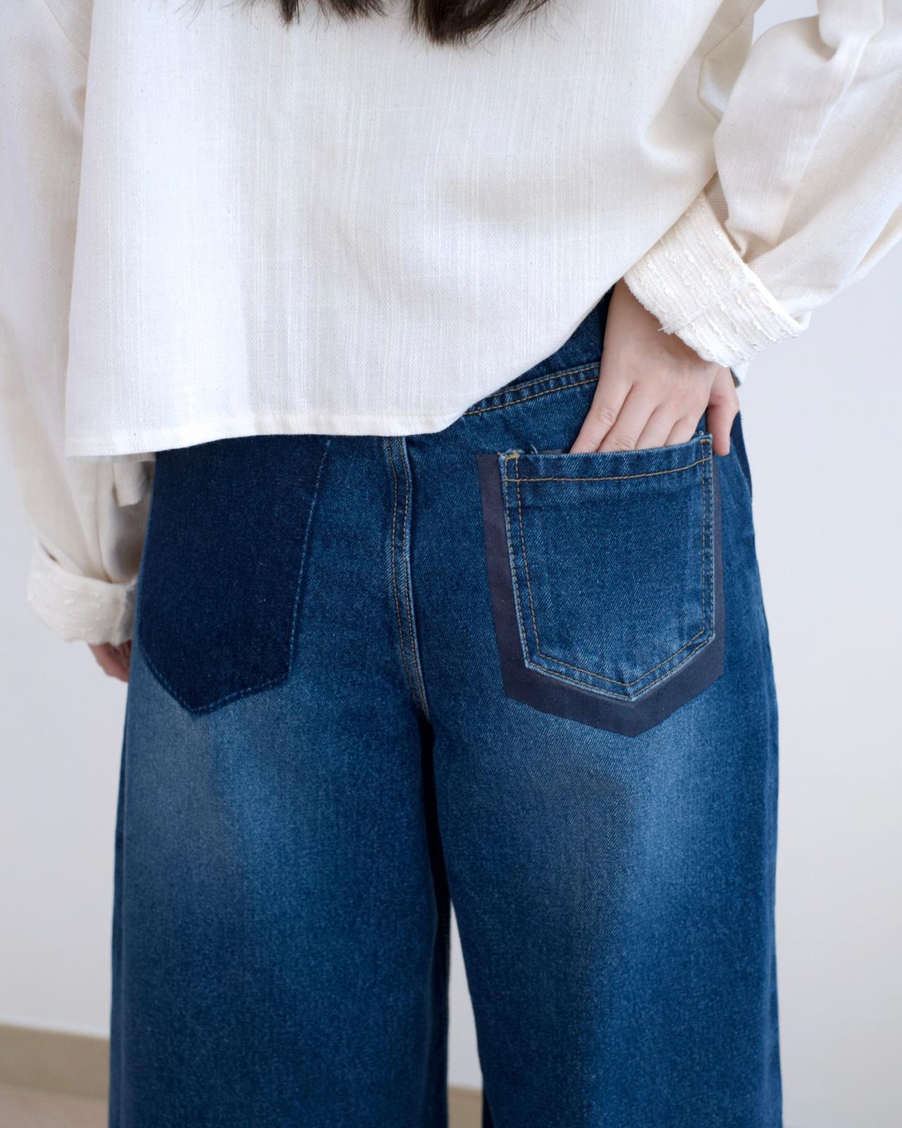 Moci 撞色併邊闊筒牛仔褲