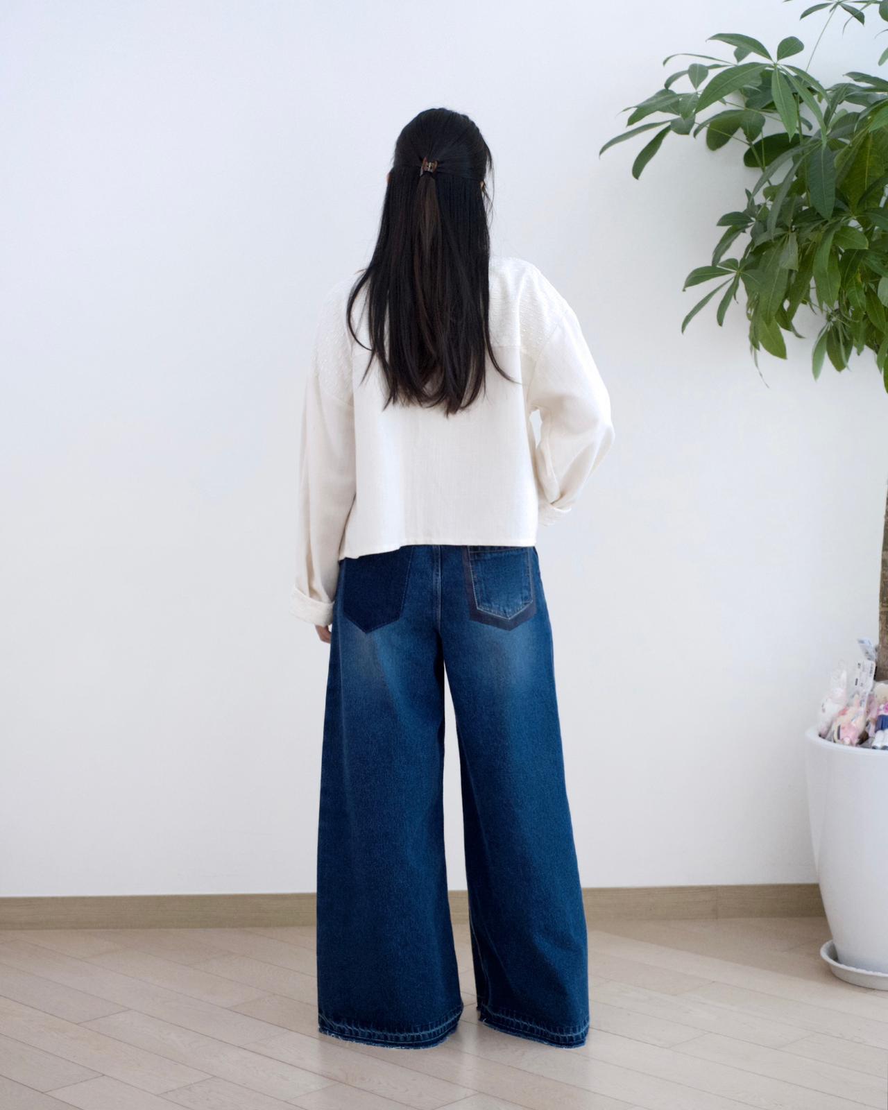 Moci 撞色併邊闊筒牛仔褲