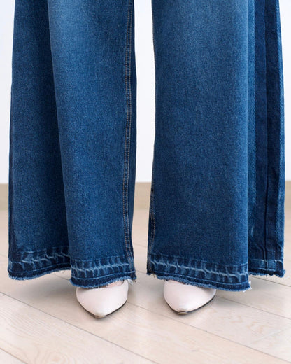 Moci 撞色併邊闊筒牛仔褲