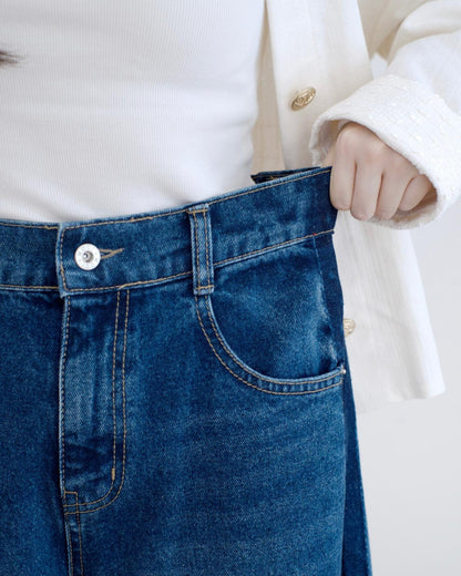 Moci 撞色併邊闊筒牛仔褲