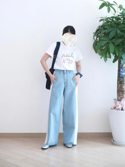 韓國撞色闊筒牛仔褲