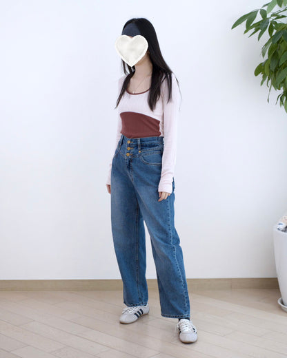 Odd Eye 鈕扣高腰直筒牛仔褲