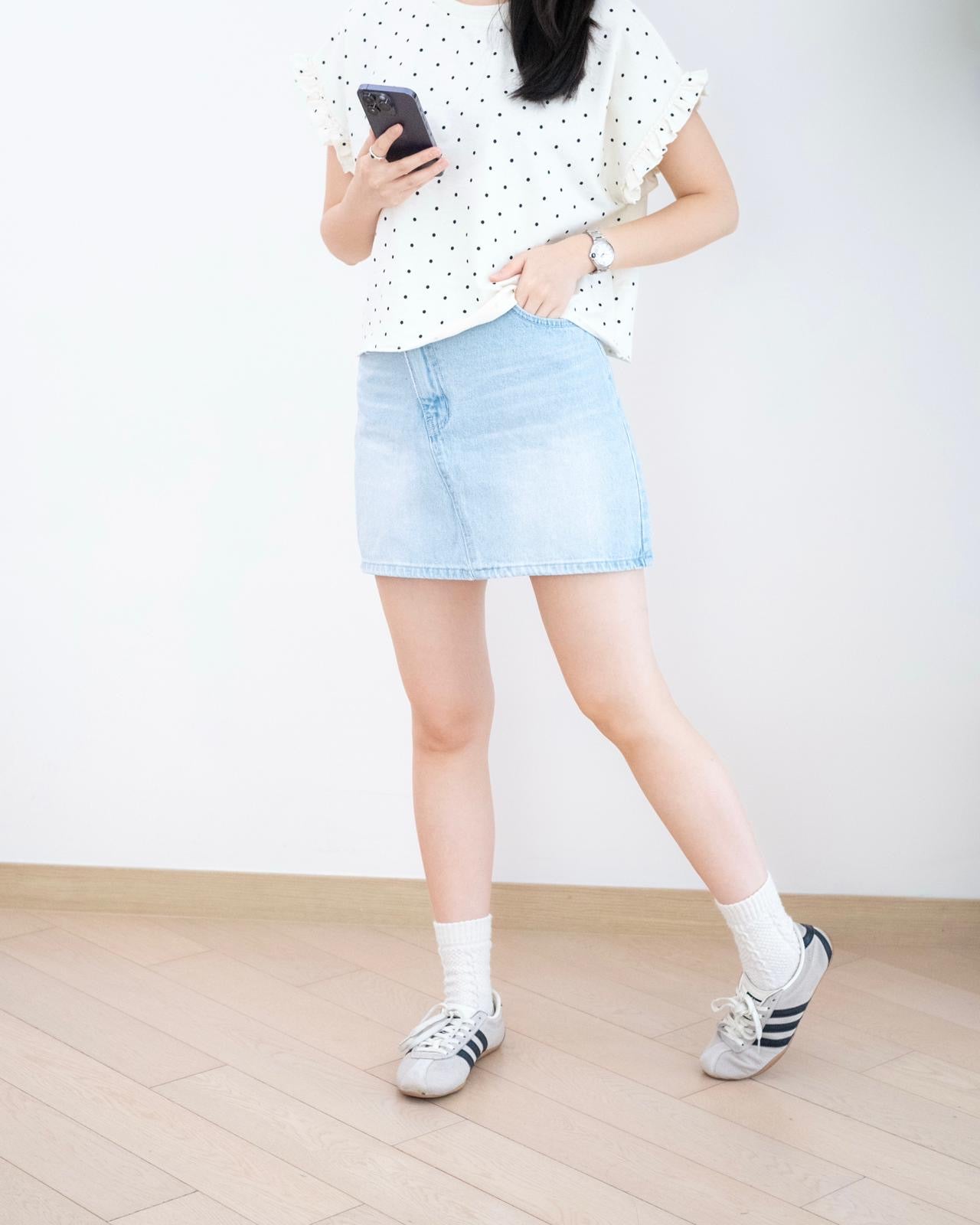Odd Eye 高腰斜鈕扣洗水短裙