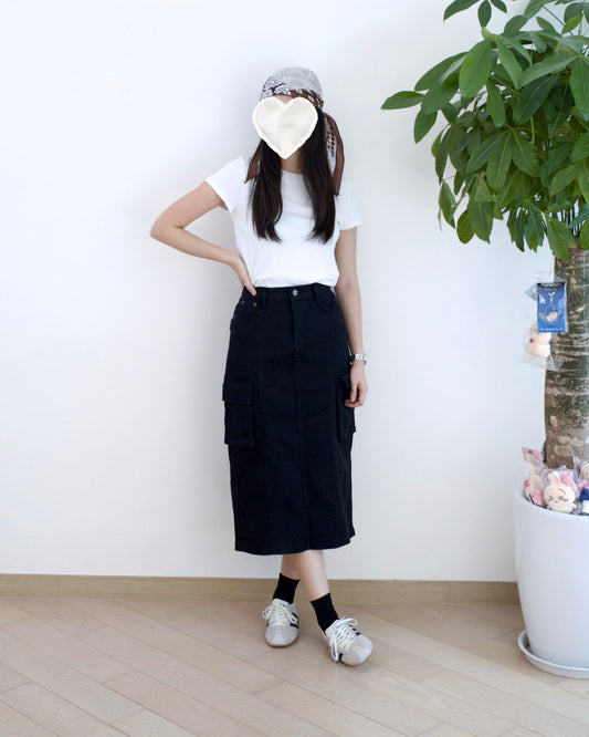 韓國工裝中長扯布裙