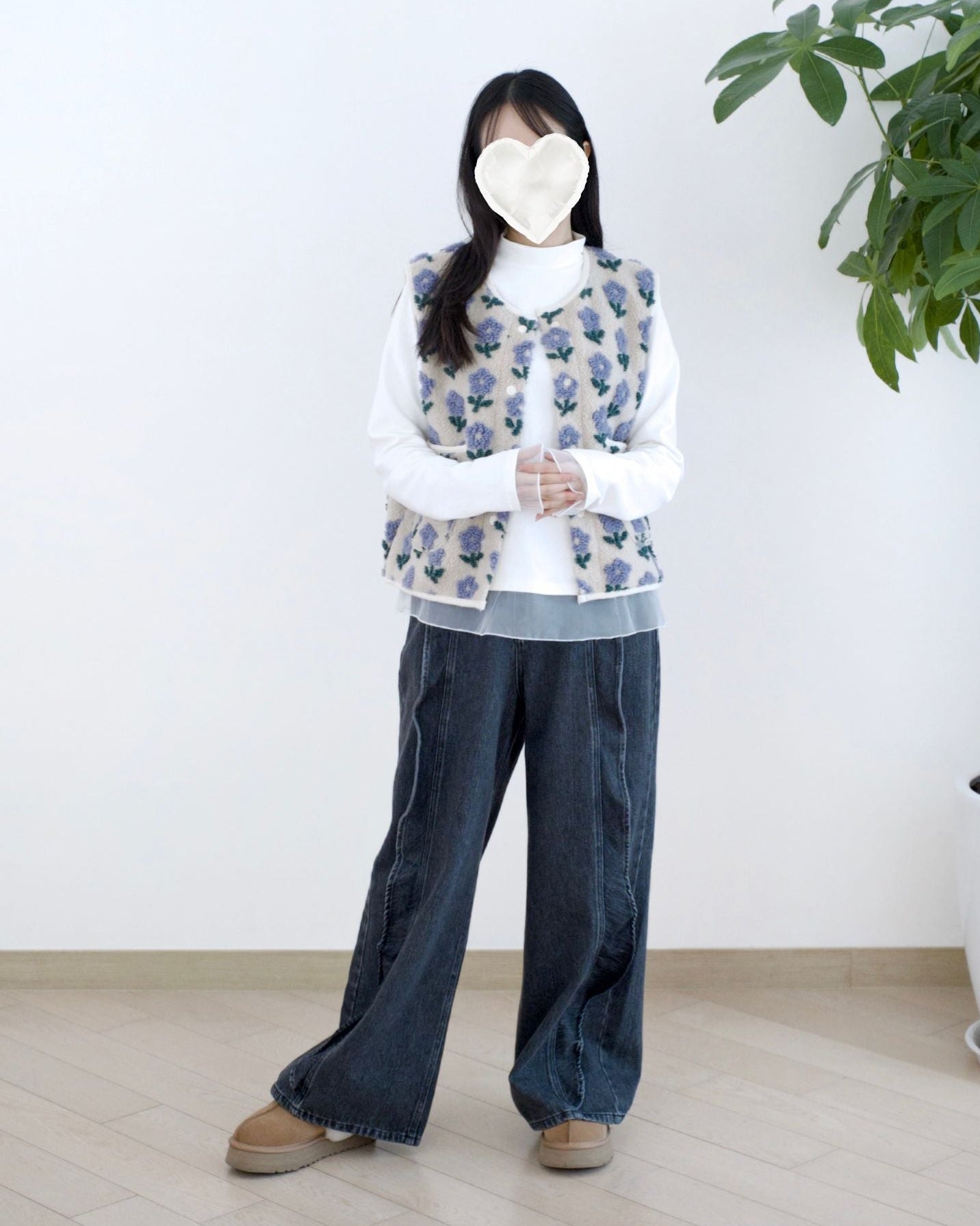 韓國荷葉邊闊筒牛仔褲