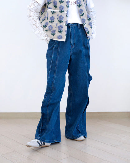 韓國荷葉邊闊筒牛仔褲