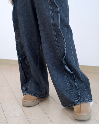 韓國荷葉邊闊筒牛仔褲