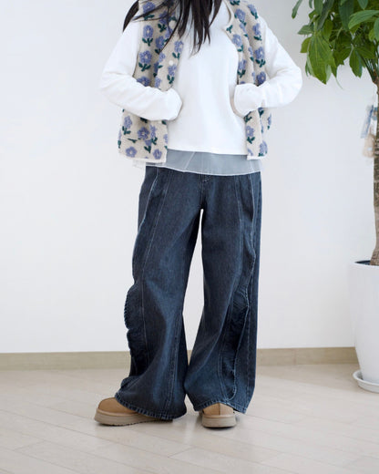 韓國荷葉邊闊筒牛仔褲