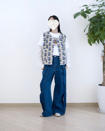 韓國荷葉邊闊筒牛仔褲