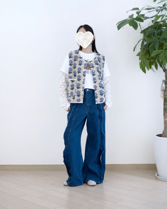 韓國荷葉邊闊筒牛仔褲