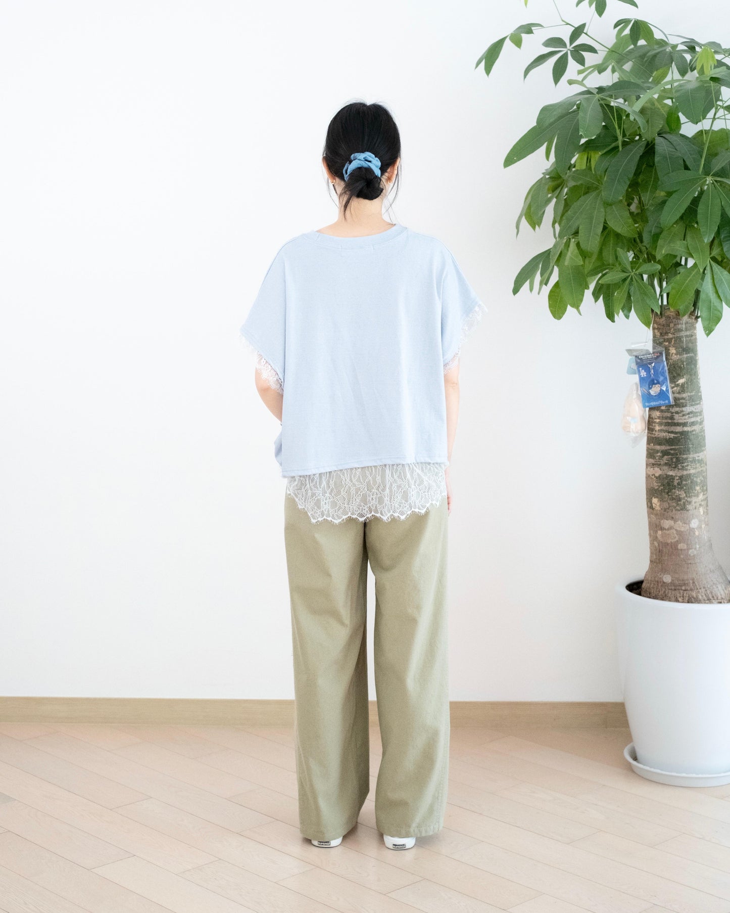 韓國拼色休閑闊筒扯布褲