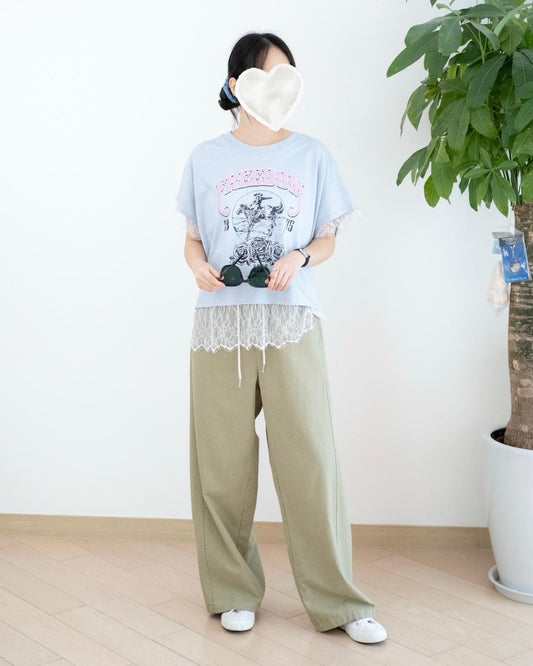 韓國拼色休閑闊筒扯布褲