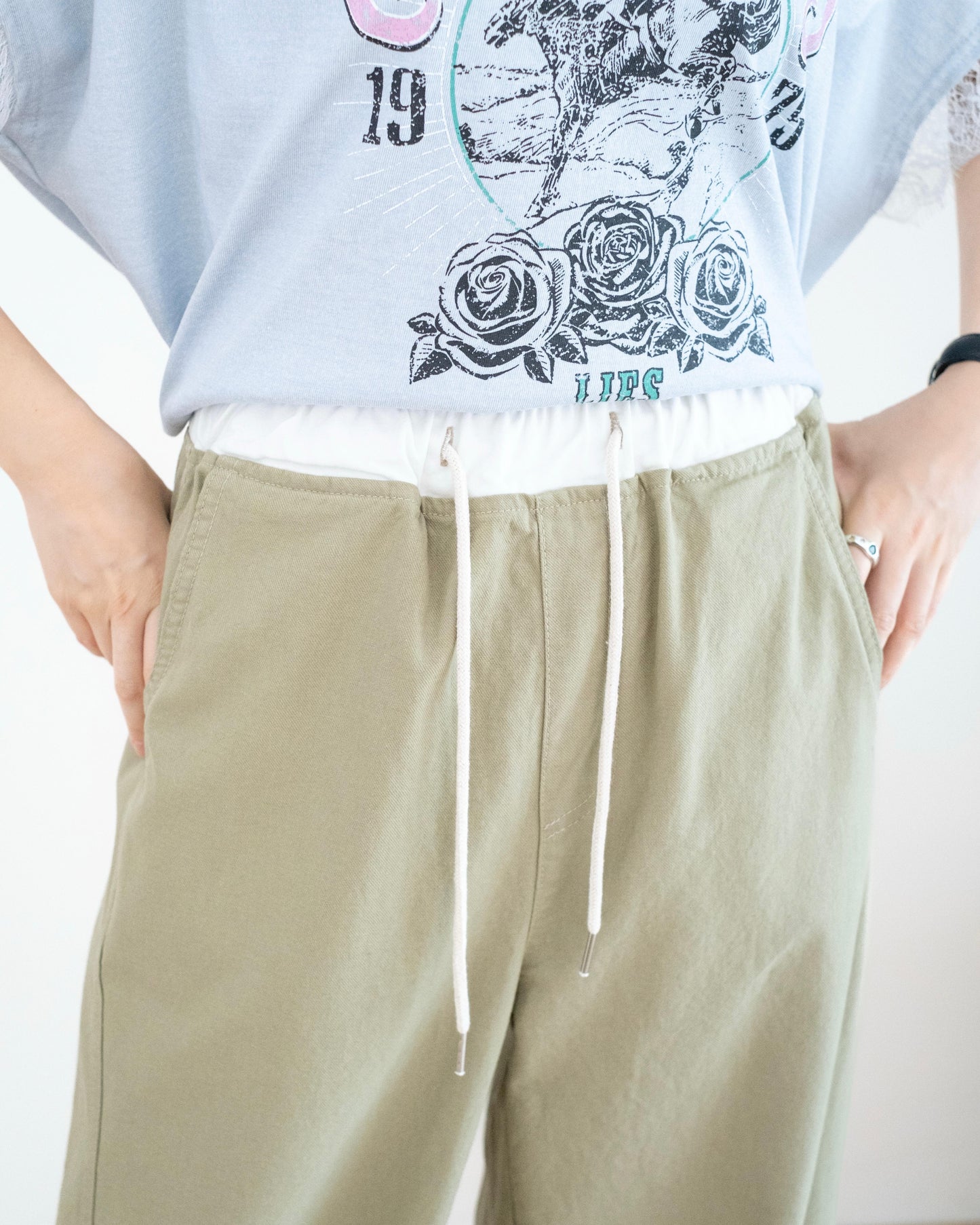 韓國拼色休閑闊筒扯布褲