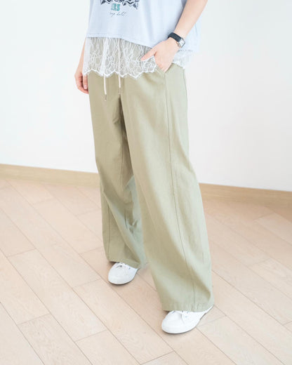 韓國拼色休閑闊筒扯布褲