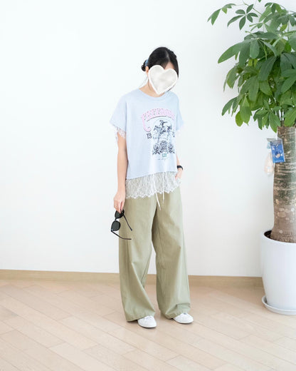 韓國拼色休閑闊筒扯布褲