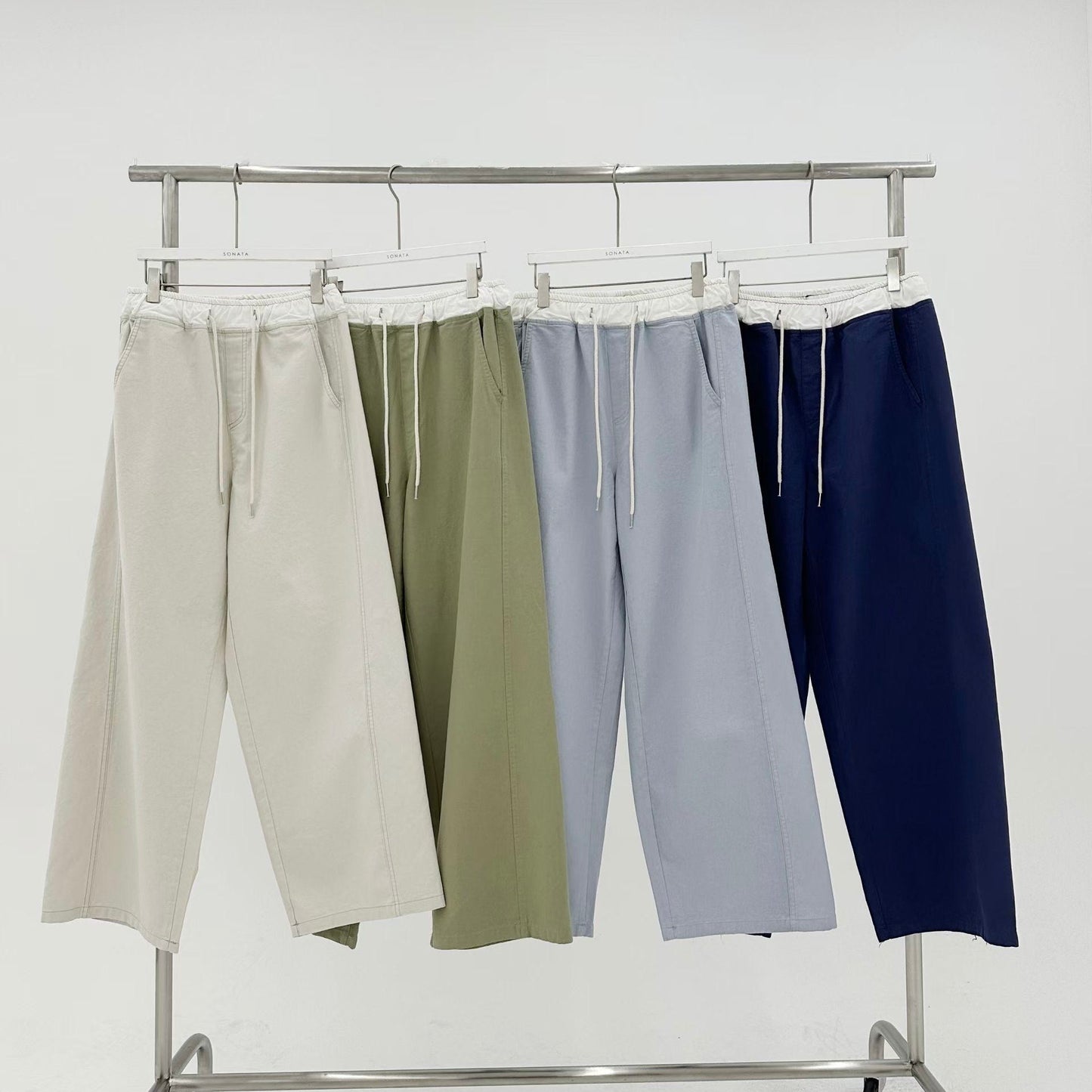 韓國拼色休閑闊筒扯布褲