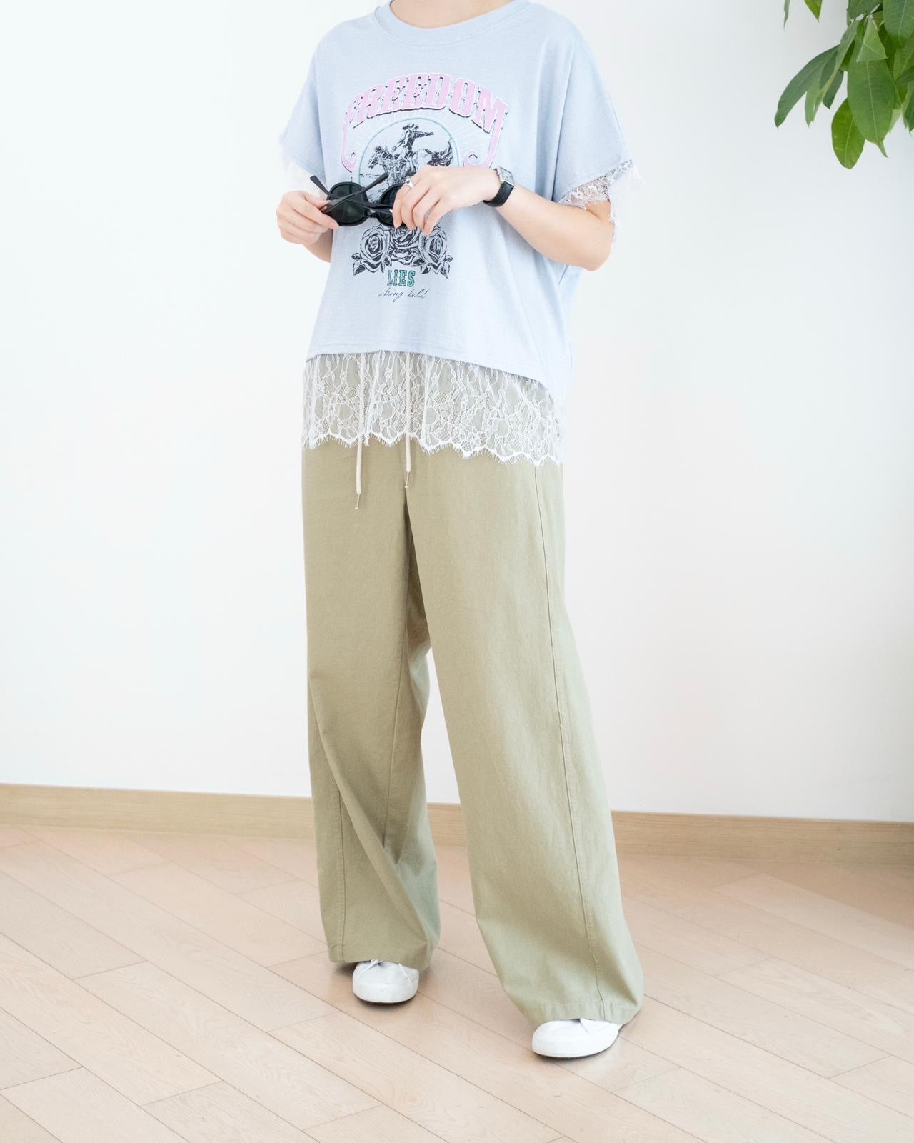 韓國拼色休閑闊筒扯布褲