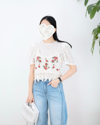 暗花波點泡泡袖Top