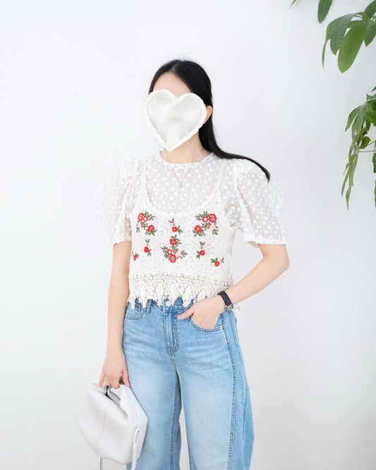 暗花波點泡泡袖Top