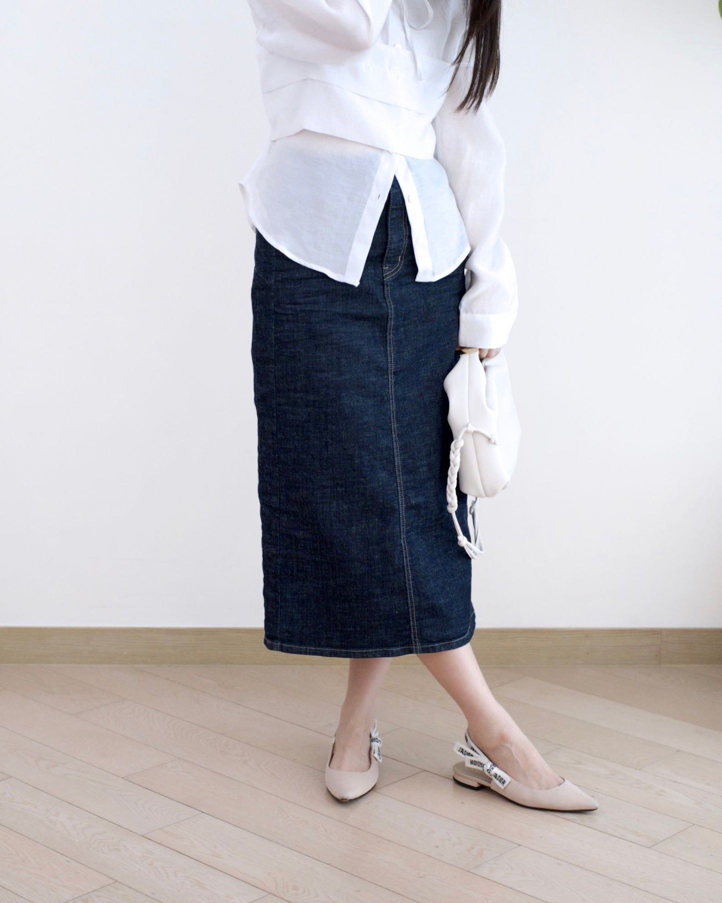 韓國牛仔開衩中長裙