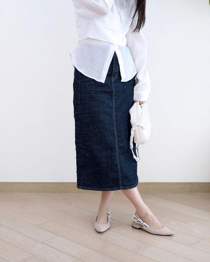 韓國牛仔開衩中長裙